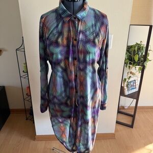 Paper Tee Women’s Extra Long Button-Down Top Blouse With High Side Slits, Sz 3X